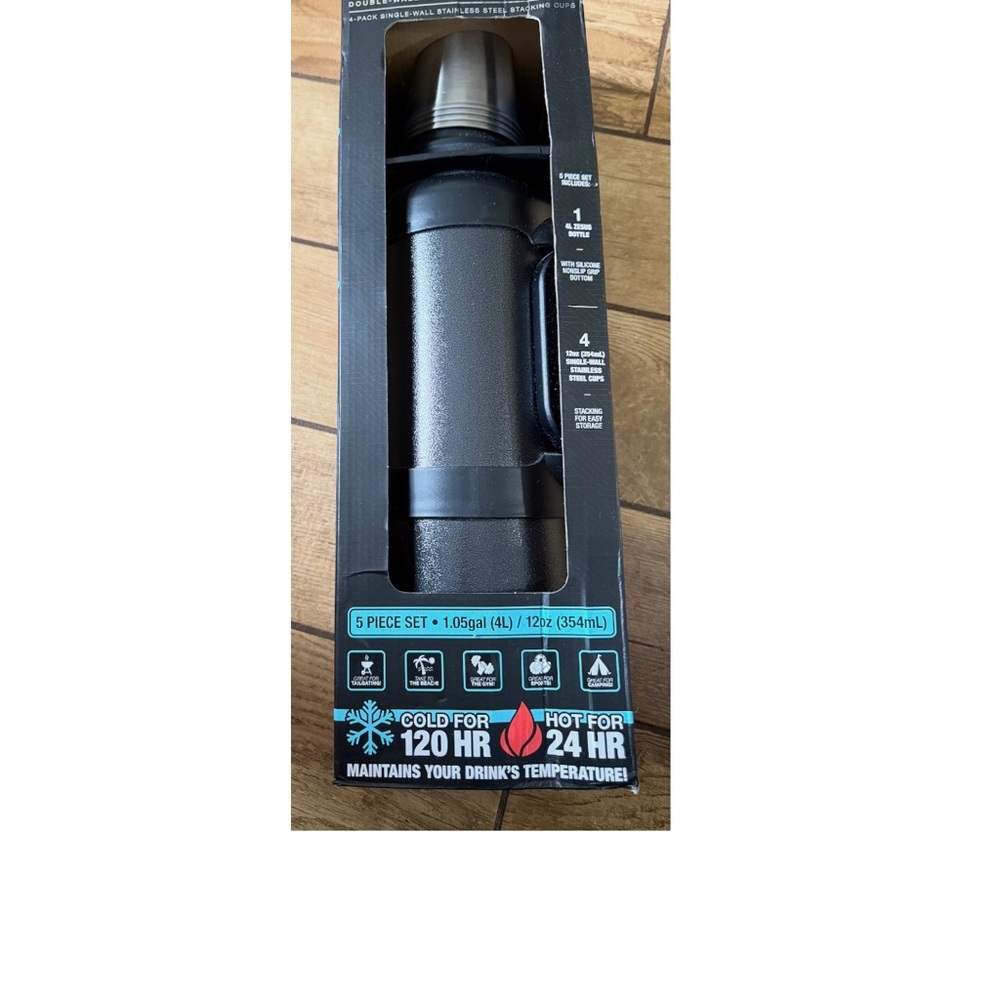 xxl 120oz Insulated Thermos Bottle with 4 steel stackable cups comes as set
